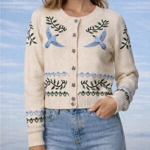New With Tags Cynthia Rowley Bird Embroidery Print Cardigan Size Small
